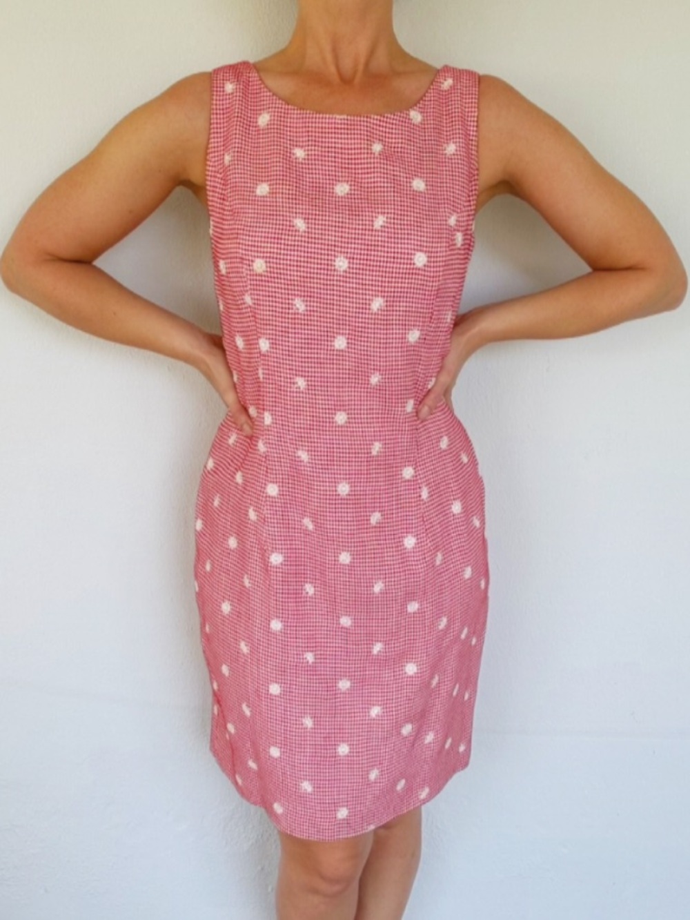 Vintage Donna Ricco red gingham floral embroidered sleeveless dress size 10